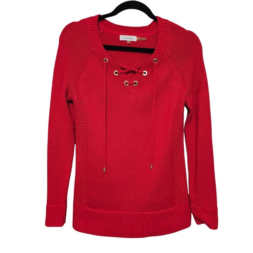 Calvin Klein XS Pullover Sweater Red Grommet Shaker Knit Nautical Preppy Bold ~